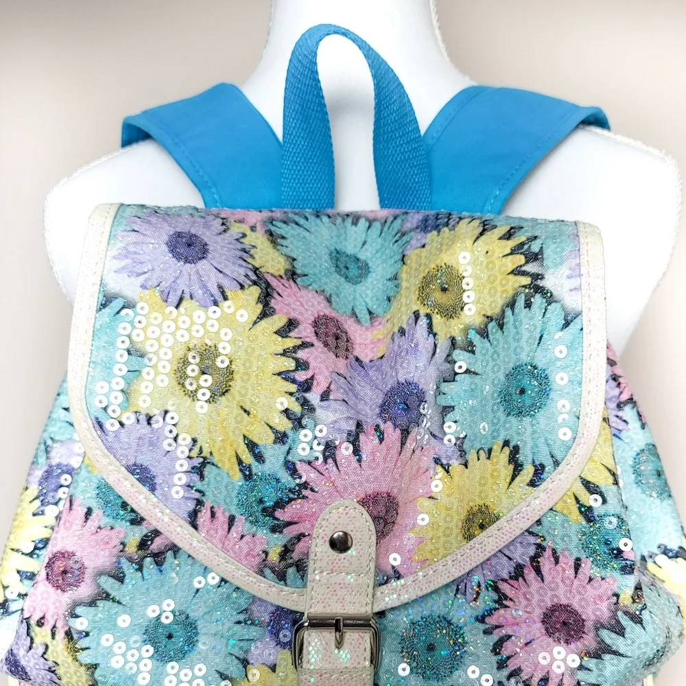 Justice Colorful Daisy Pattern Sequin Backpack -Brand New
